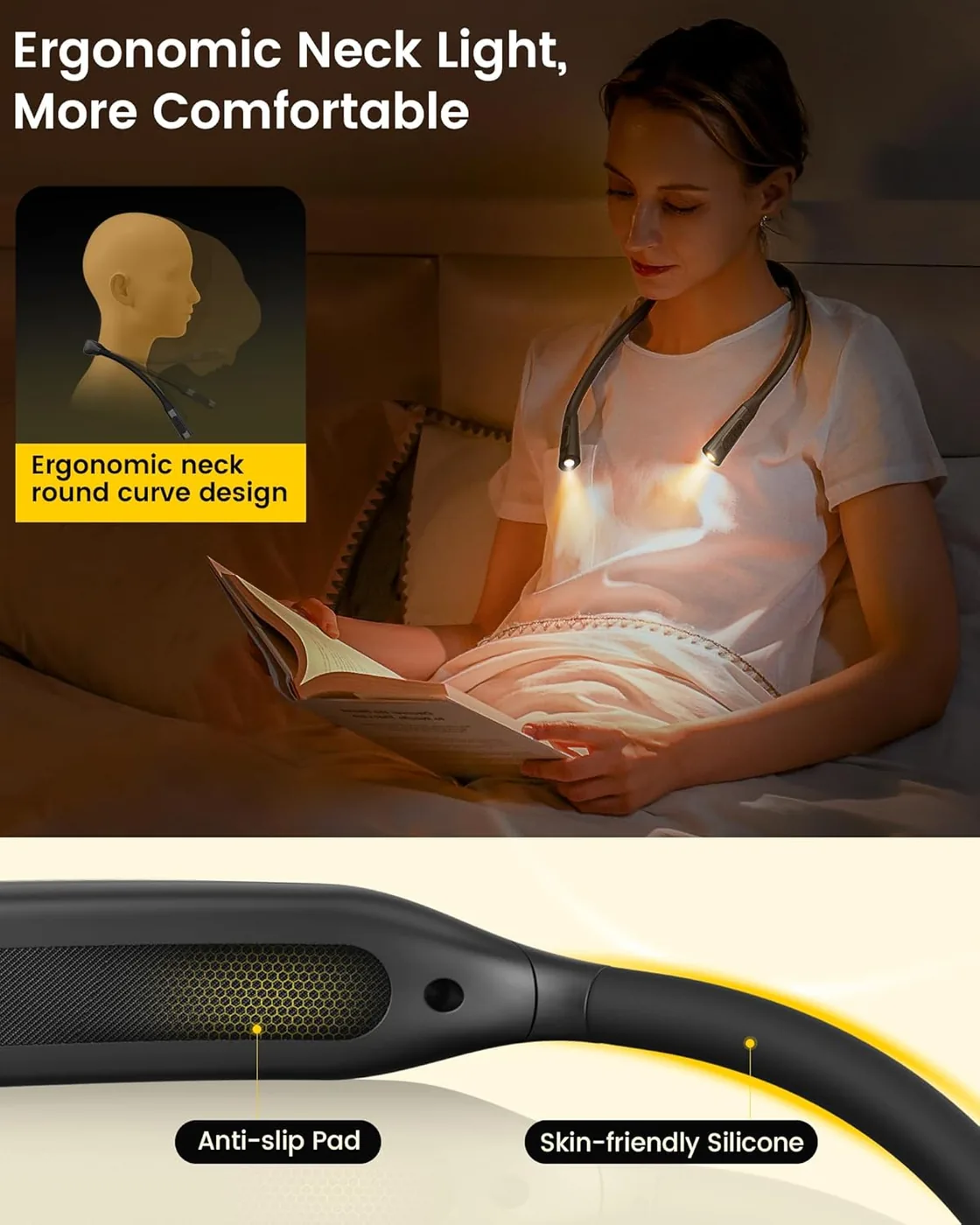 Leselampe Hals mit 3 Farben und 6 Helliggkeitsstufen & Nackenlampe mit 100 Stunden – zusätzliche Produktansicht