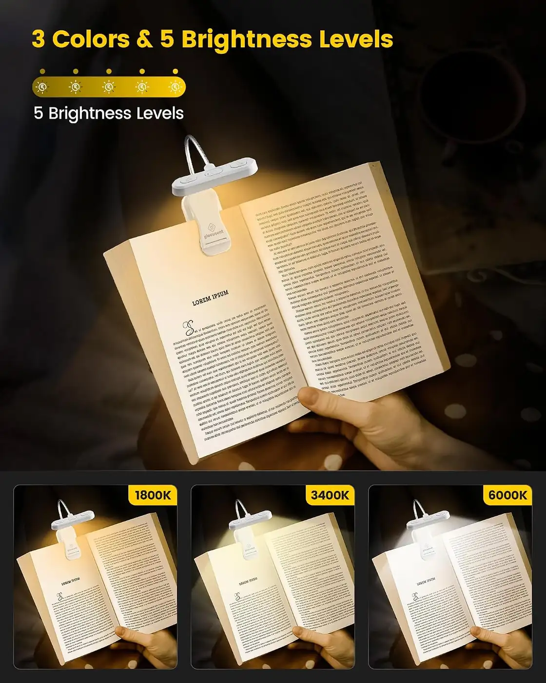 Leselampe Buch Klemme – Buchlampe mit 5 Helligkeit & 3 Farbtemperatur – zusätzliche Produktansicht